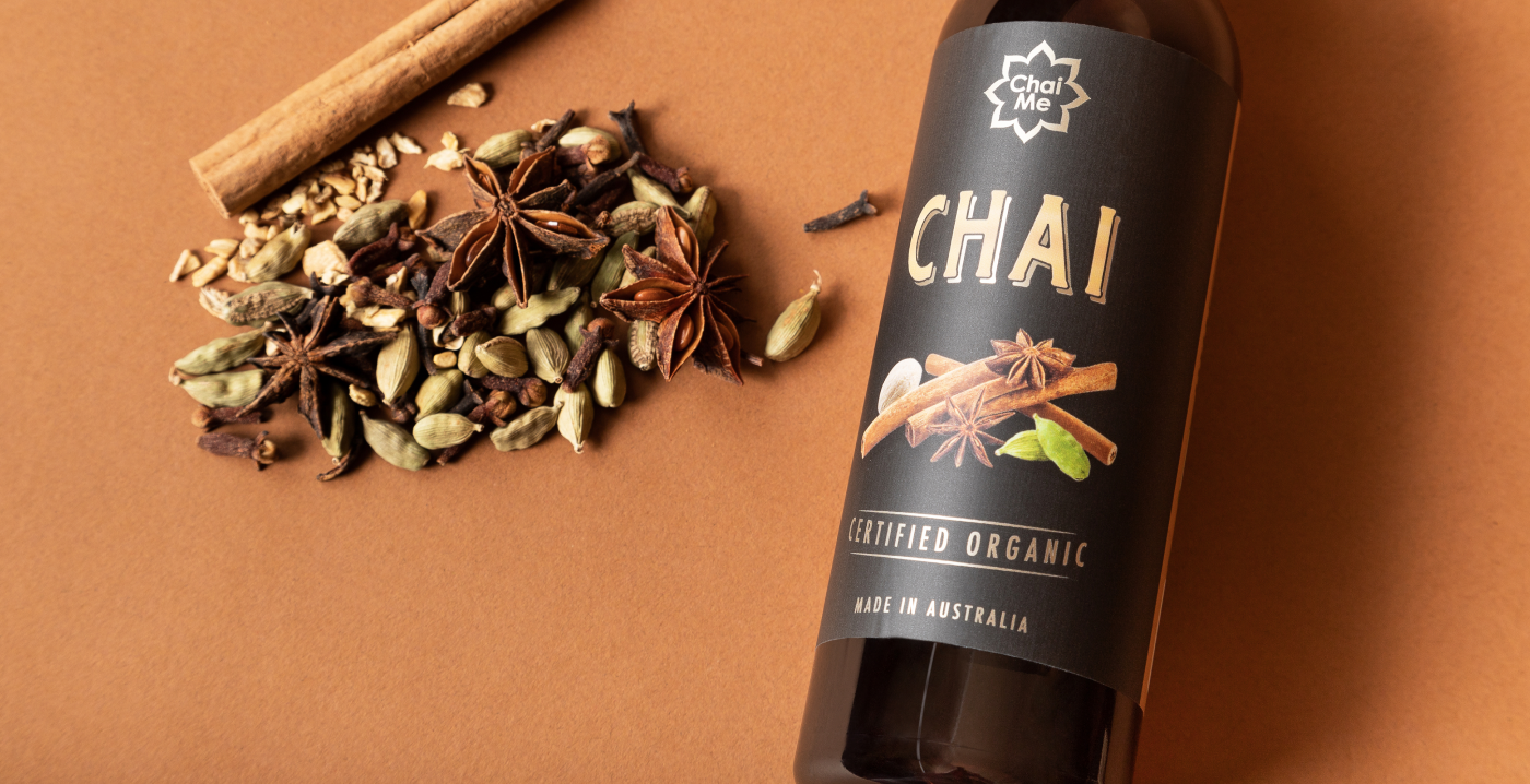 A bottle of certified organic chai syrup from chaime