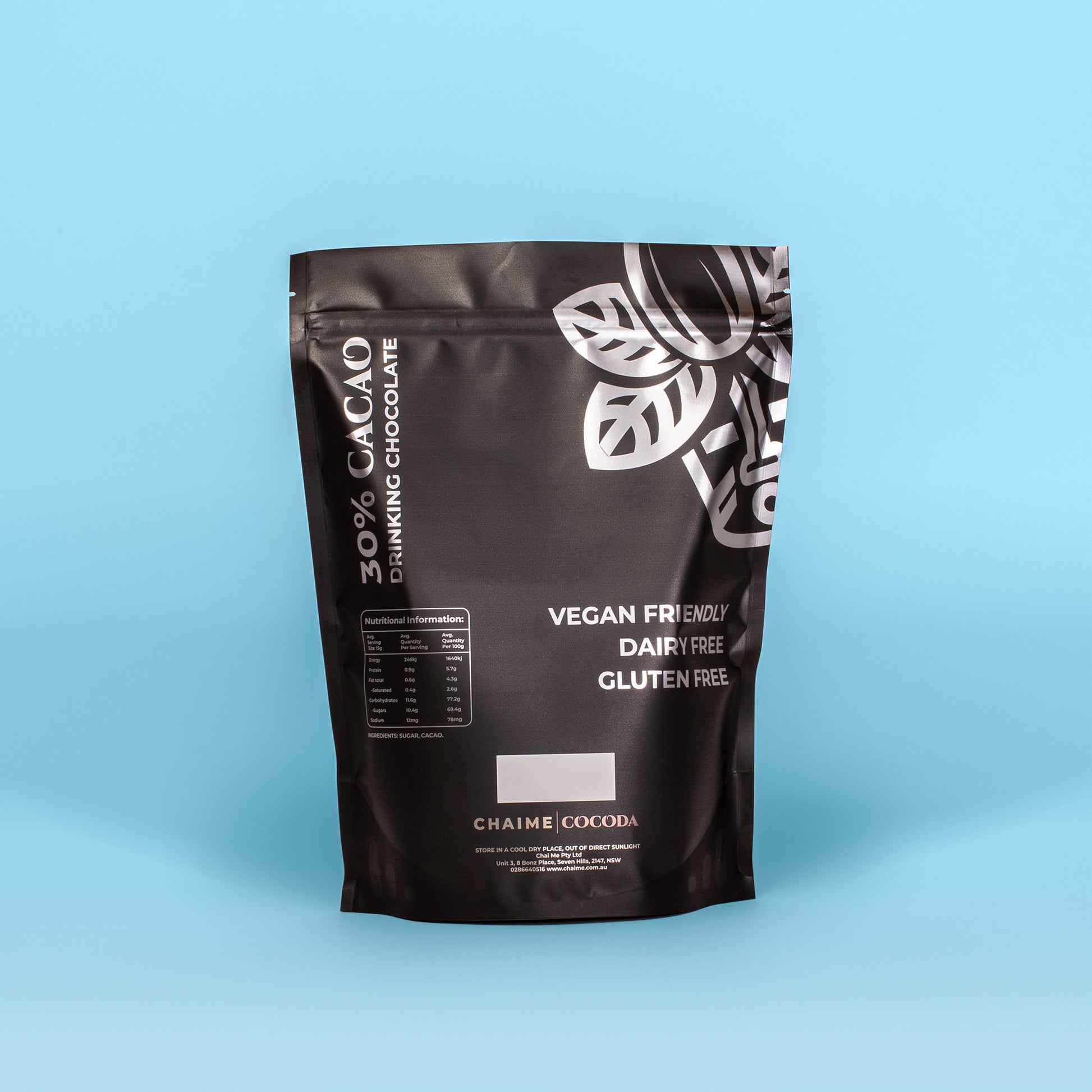 Black pack of 30% cacao drinking chocolate