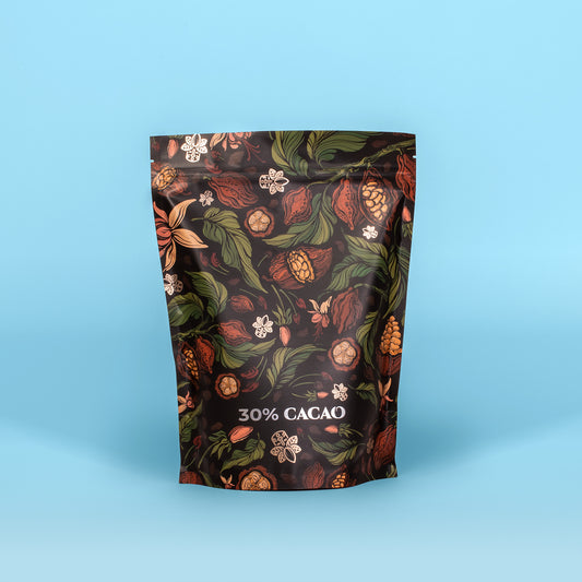 A 30% Cacao pouch with green leaves, cacao pods, and flowers