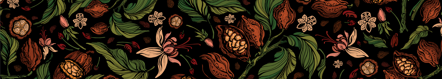 Seamless botanical pattern with cocoa pods, nuts, leaves, and pink flowers on a dark background