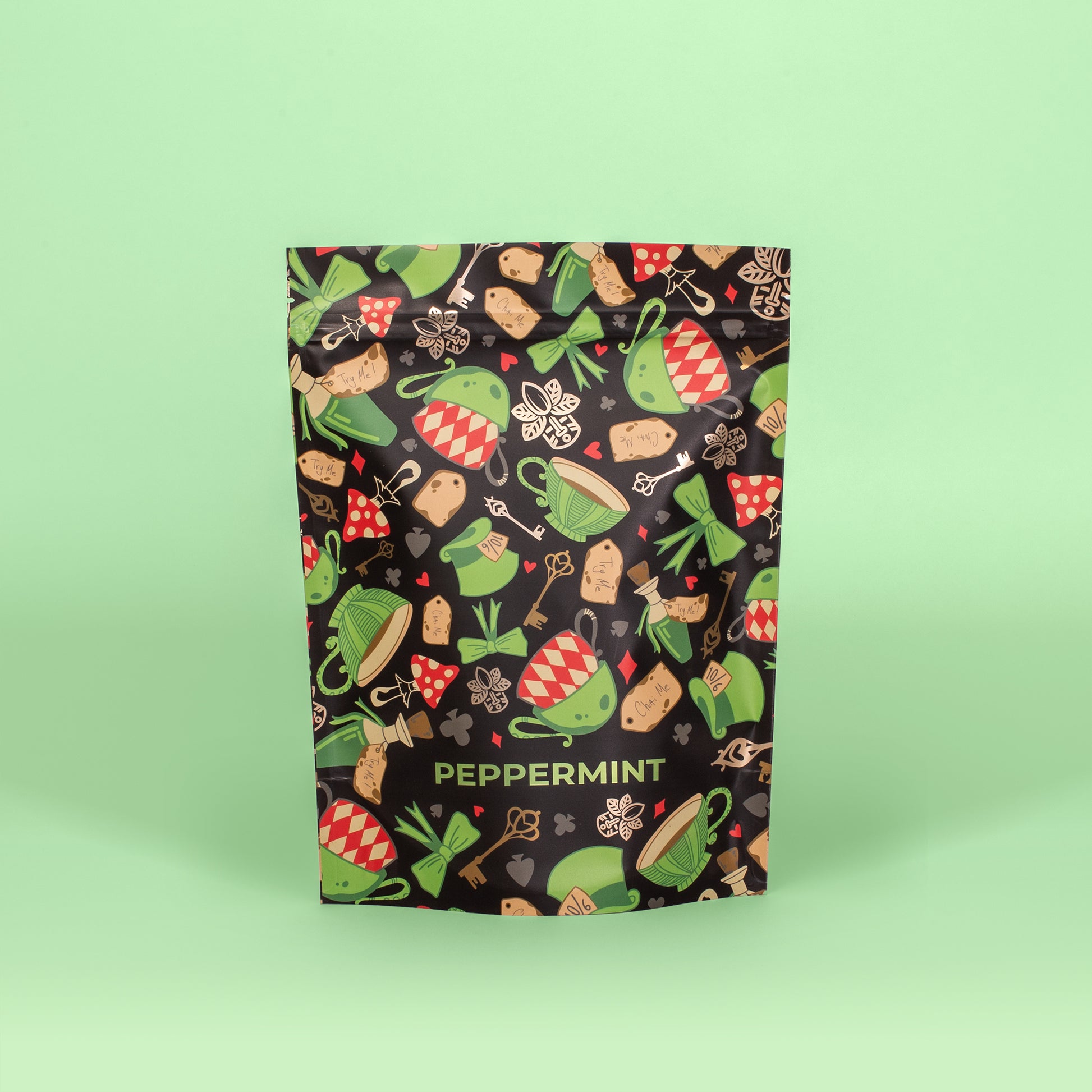 Festive peppermint packaging on a light green background