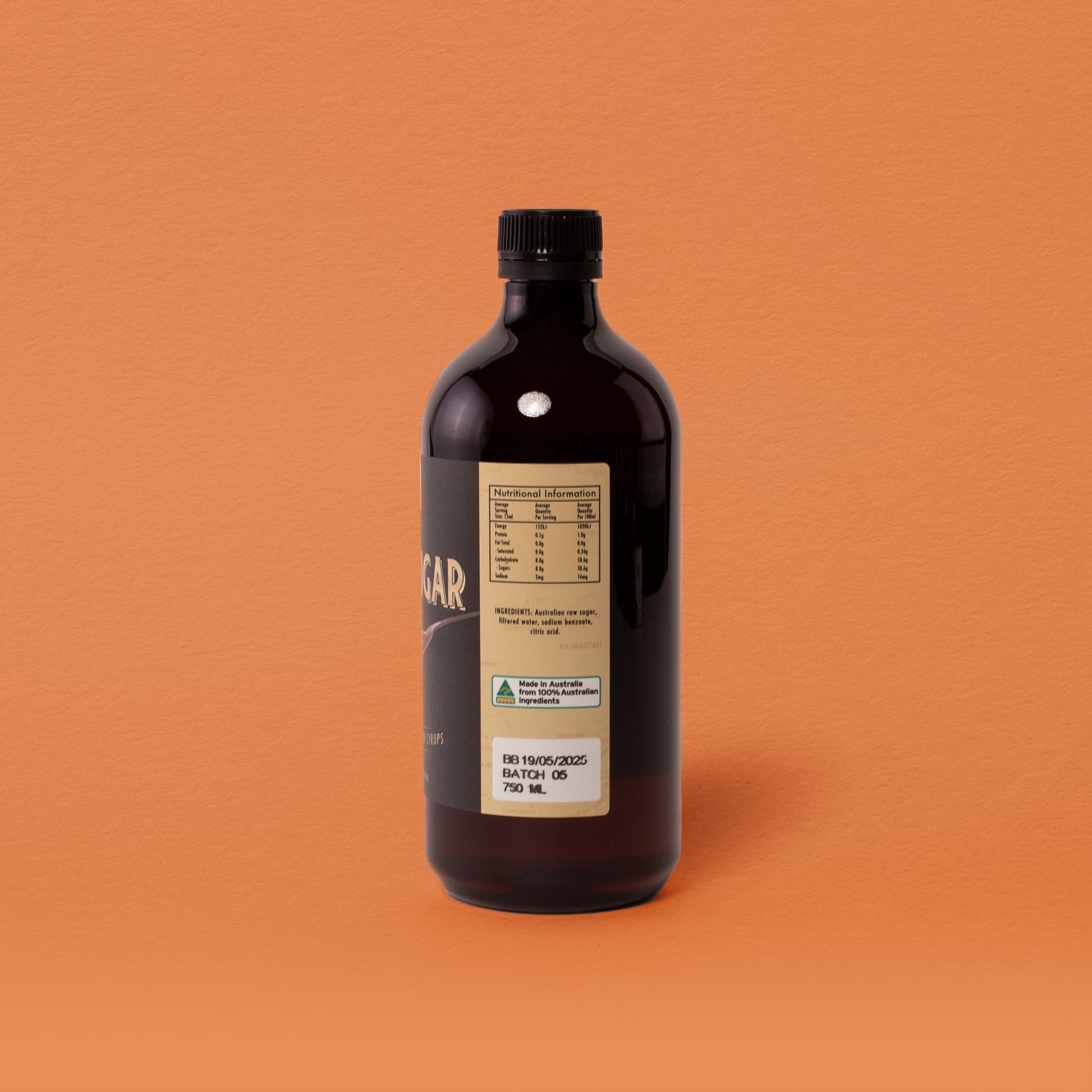 Raw sugar syrup made in Australia, packaged in a recyclable glass bottle.