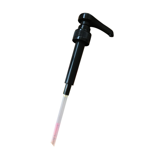 Durable black syrup pump for easy dispensing of caramel, vanilla, hazelnut, and chai syrups.