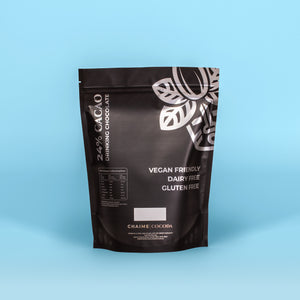 Chaime Cocoda Black pouch of 24% cacao drinking chocolate, Labeled vegan, dairy-free, gluten-free with leaf design