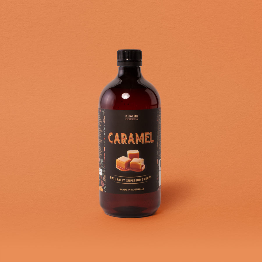 Premium natural caramel syrup in a 750ml glass bottle, made in Australia.