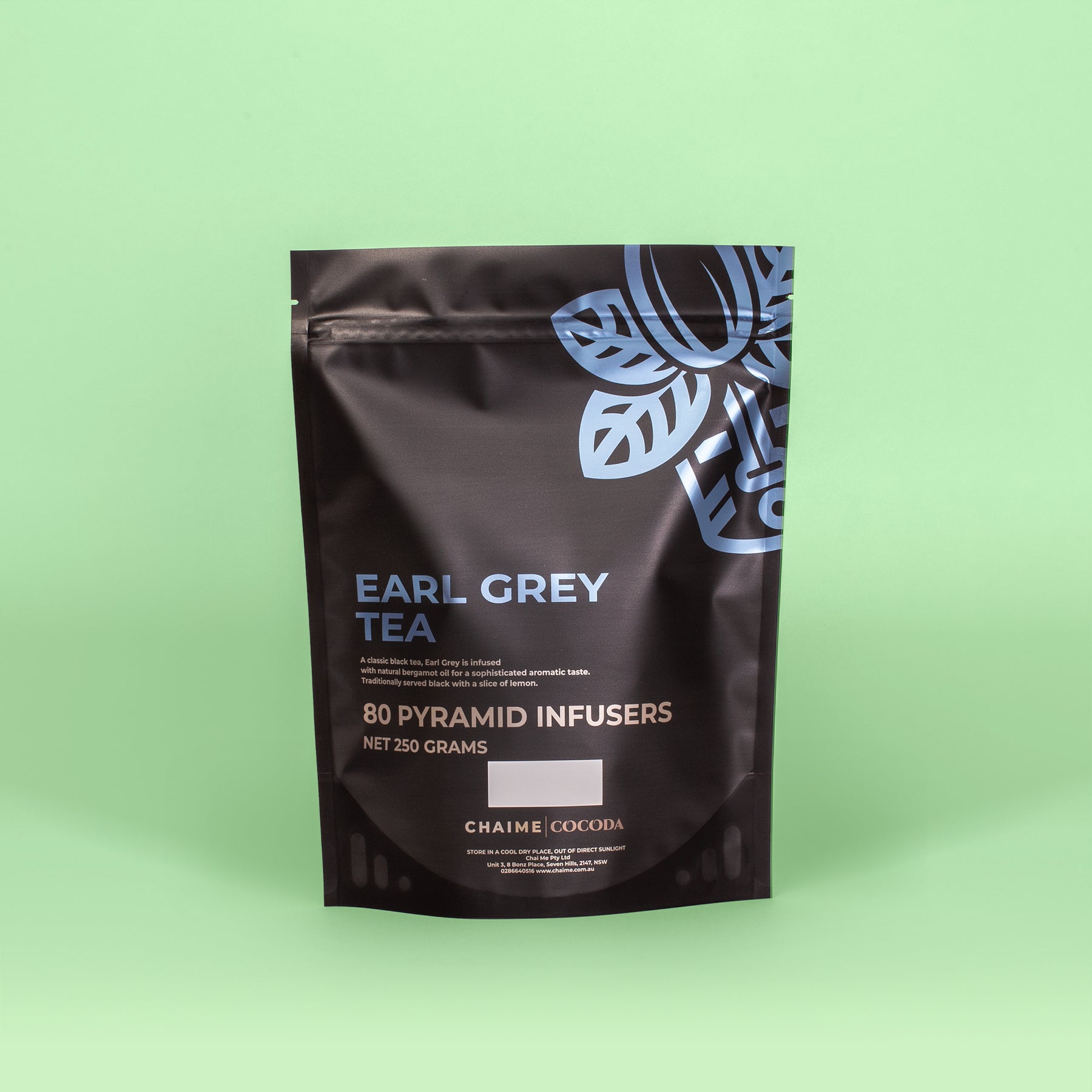 80 Pyramid Infusers packaging of Earl Grey tea with blue and white floral design